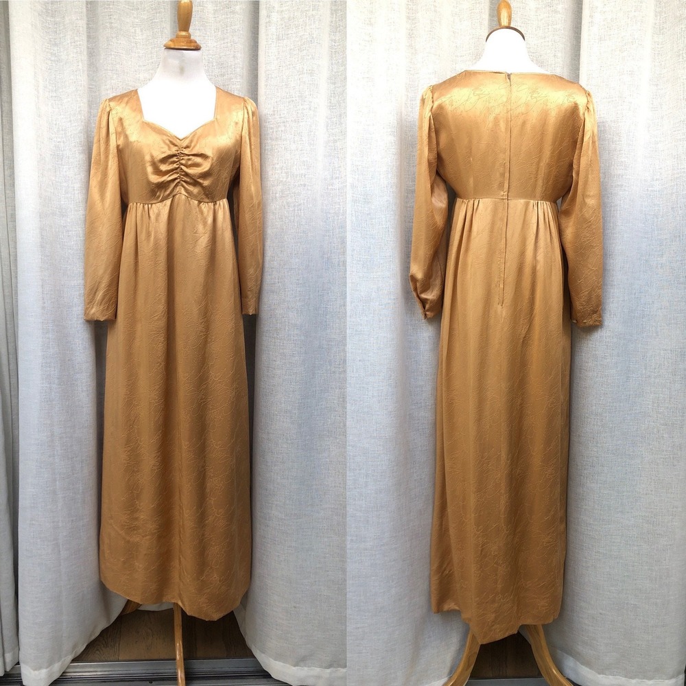 1970 satin Bronze Color Sweetheart neckline long sleeve maxi dress